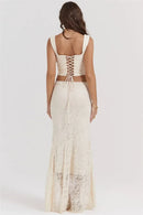 Lace Bandage 2 Piece-Set Long Skirt Female Patchwork Fashion Backless High Waist Elegant Lace-Up Maxi Skirt Sets Outfits