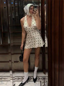 Vestido Mini Feminino de Cetim com Poa e Halter - Sexy Decote V Profundo Costas Abertas Praia Clube