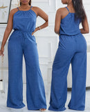 Macacão Feminino Azul Casual com Alças Finas e Amarrão - Dia a Dia