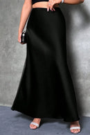 Elegant silk-like satin A-line midi skirt with high waist and mermaid tail for women in spring and summer