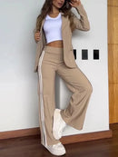 Women 2 Piece Sets Suit Jacket Wide Leg Pants Turn Down Collar Pockets Striped Blazer Coat Trousers 2025 Office Lady Outfits