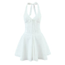 Vestido Mini Feminino Branco com Halter e Decote V - Sexy Costas Abertas Amarrão Evasê Festa Verão