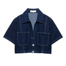 Women Casual Navy Blue Denim Shorts Set V-neck Short Sleeves Cropped Shirt High Waist Solid Color Shorts Skirt Female Suits