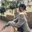 Blusa Feminina Vintage de Tricô com Decote V e Manga Longa - Slim Pulover Sexy Cinza Outono 2025