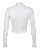 Sexy Lace Blouse Shirts Summer Women Turtleneck Long Sleeve See Through Lace Patchwork Thin Tops