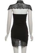 Vestido Mini Bodycon Feminino com Renda e Xale Gola Alta - Sexy Costas Abertas Festa Clube