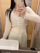 Fashion Women Chic V-Neck Lace Knitted  Cardigan Elegant Shirt Tops