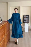 Miyake Pleated Dress Women's 2025 New High-end Solid Color Round Neck Bell Sleeves Ruffled Waist Design Elegant Pleated Skirt