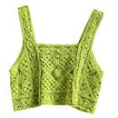 Women Crochet Sleeveless Crop for Tank Top Retro Knit Plaid Square Neck Sweater 6XDA