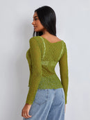 Women Lace Pullover TopS Retro Long Sleeve Round Neck See Through Solid Color Fitted T-Shirts Casual Blouse Streetwear Y2K 2000s