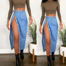 Casual Mid-Length Denim Skirt High Waist A-Line Skirt with Slit for Women Commute Pure Color Long Skirt with Button Detail