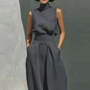 Sleeveless top+wide leg pants summer casual two-piece set elegant and loose office set high street pocket women's set