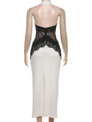 Vestido Longo Feminino com Renda e Halter - Sexy See Through Elegante Festa