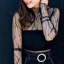 Elegant Lace T-shirt For Women Mesh Long Sleeve Tops See Through Top Transparent Sheer Blouse  High Neck Bottoming Shirts