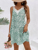 Women Dress Floral Lace Trim Spaghetti Strap A Line Mini Dress Boho Spring Summer Romantic Beach Vacation Flowy Comfy Outfit