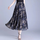 Women Floral Print Tiered Midi Skirt Elastic High Waist Pocketed Ruffle Hem Casual Boho Long Skirt