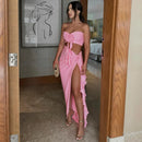 Two Piece Skirt Set for Women Sexy 3D Flower Tube Top High Split Long Maxi Skirt Womens Vacation Outfits