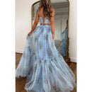 Women Boho 2 Piece Floral Chiffon Maxi Dress Sexy Summer Lace Corset Top & Tiered Flowy Tulle Skirt Set for Prom Wedding Party