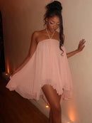 Vestido Mini Feminino Y2K com Halter e Franzido - Ombro Frio Costas Abertas Barra Irregular Sexy