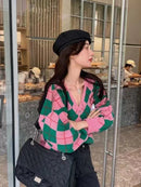 Cardigan Tricô Xadrez Feminino Estilo Coreano - Decote V Outono Inverno 2025