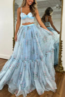 Women Boho 2 Piece Floral Chiffon Maxi Dress Sexy Summer Lace Corset Top & Tiered Flowy Tulle Skirt Set for Prom Wedding Party