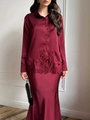 Women Two Piece Sets Skirt Set Turn Down Collar Lace Sexy Full Sleeve Tops Long Skirts High Waist Y2k Streetwear Elegant Work