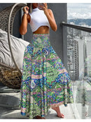 Women Fashion Floral Print Folds Bohemian Elastic High Waist  Skirt Ladies Knee-Length Long Skirts For Women
