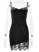 Vestido Mini Feminino Preto com Renda Floral e Alças Finas - Sexy Costas Abertas Slim Elegante Festa Clube