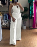 Macacão Feminino Elegante com Bandeau e Alças com Pérolas - Slim Perna Larga