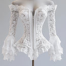 Off Shoulder Lace Blouse for Women Flare Sleeve Zipper Fly Solid Elegant Chic Sexy Hollow Out Long Sleeve Tops Irregular Hem Top