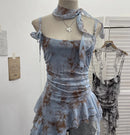 Women's Vintage Tie-dye Printed Mesh Spaghetti Strap Camisole Hot Girl Irregular Ruffled Ribbon Sleeveless Top Partyclub 1185