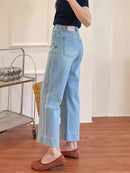 Women High Waist Wide Leg Pants Casual Loose Trousers Summer Solid Color Straight Fit Pocketed Ankle-Length Jeans