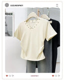 Women's V-Neck Rivet Detail Ruched Short Sleeve T-shirt Casual Slim Fit Crop Top