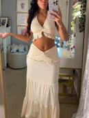 Women's Sexy Party Top Skirt Sets  V Neck Pleated Hem Halter Vest Low Waist Slim Fit Long Skirt 2026 New Lady Beach Dresses