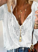 2026 Women's Fashion Solid Color Lace Long Sleeve Shirt Loose Slim Fit Versatile Elegant Office Commute Casual Pullover Blouse
