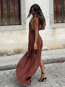 Women Elegant Pleated Irregular Slim Long Skirt Sexy Solid Backless Off-shoulder Dress New Dating Party Festival Club Prom Gown