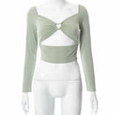 Cropped Manga Longa Feminino com Recortes - Decote V Slim Costas Abertas Outono/Inverno