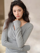 Elegant Ruched Cross V Neck Knit Top Slim Fit Long Sleeve Shirt for Women Chic Casual Early Spring Daily Base Layer Style Lady