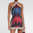 Vestido Mini Feminino Boho com Estampa e Halter - Vazado Ombro Frio Costas Abertas Amarrão