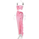 Two Piece Skirt Set for Women Sexy 3D Flower Tube Top High Split Long Maxi Skirt Womens Vacation Outfits
