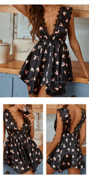 Vestido Feminino com Estampa e Alças de Cetim com Renda - Sexy Decote V Profundo Costas Abertas Elegante Verão