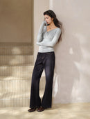 Elegant Ruched Cross V Neck Knit Top Slim Fit Long Sleeve Shirt for Women Chic Casual Early Spring Daily Base Layer Style Lady