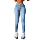Women's Skinny Jeans Casual Fashion High waisted slim fit jeans Solid color denim trousers Button Jeans Female Denim Pants