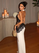 Vestido Longo Feminino com Renda e Halter - Sexy See Through Elegante Festa