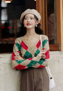 Cardigan Tricô Xadrez Feminino Estilo Coreano - Decote V Outono Inverno 2025