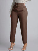 Women's Brown High Waist Suit Pants D-buckle Decor Ankle Length Straight Leg Pants Office Elegant Casual Spring Summer Trousers