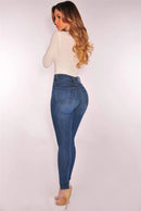 Women High Waist Elastic Slim Fit Skinny Jeans Lady Vintage Button Pencil Long Pants Narrow Straight Wrap Hips Casual Trousers