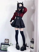 Women‘s Lolita Set Dark Femme Mesh Top & Waist Cinching Skirt, 2025 Autumn Japanese Street Style Coord for Gothic Baddie Fashion