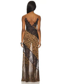 Vestido Maxi Feminino com Estampa de Leopardo e Alças - Sexy See Through Sem Manga Costas Abertas Praia Clube