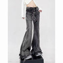 Vintage Slim Micro-flare Jeans Women Ins Fashionable Splicing Belt Edge Y2K Pants High Waist Straight American Street Trousers